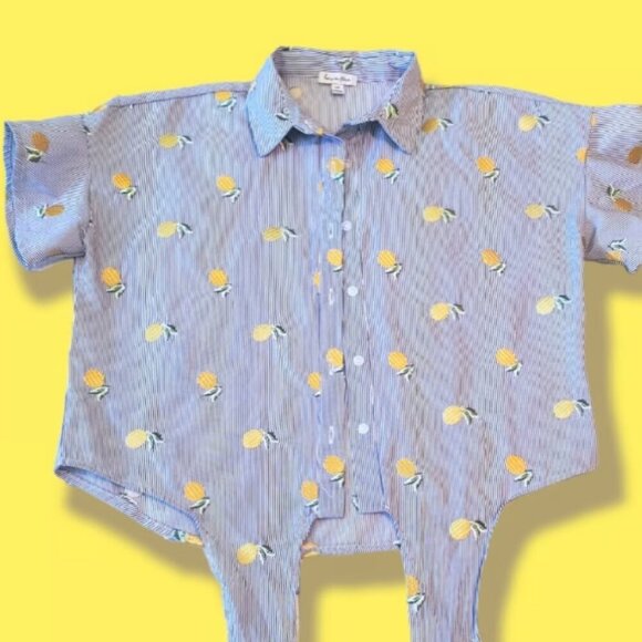 Love Fire Front Tie Ruffle Sleeve Pinstripe Blouse, embroidered lemon Size L/G - Picture 6 of 6